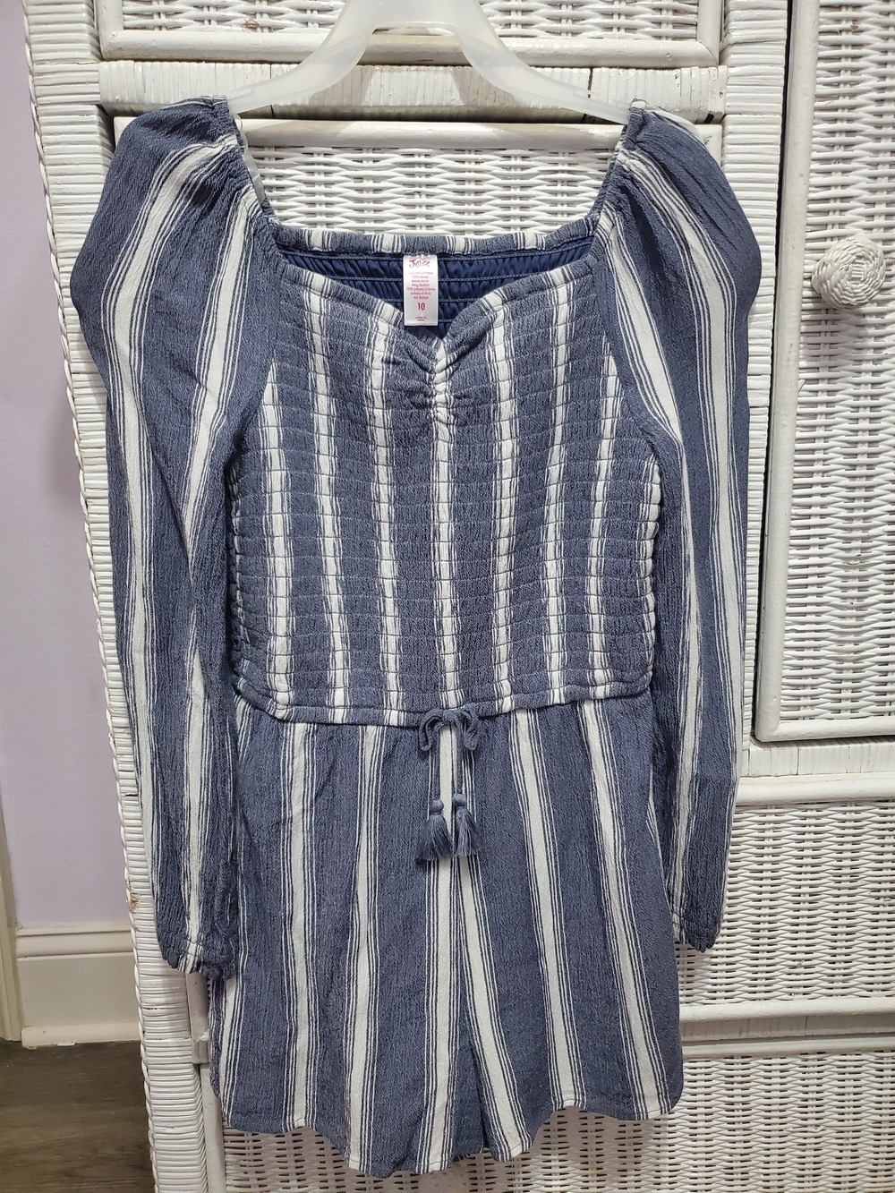 Justice Navy and White Striped Smocked Romper
